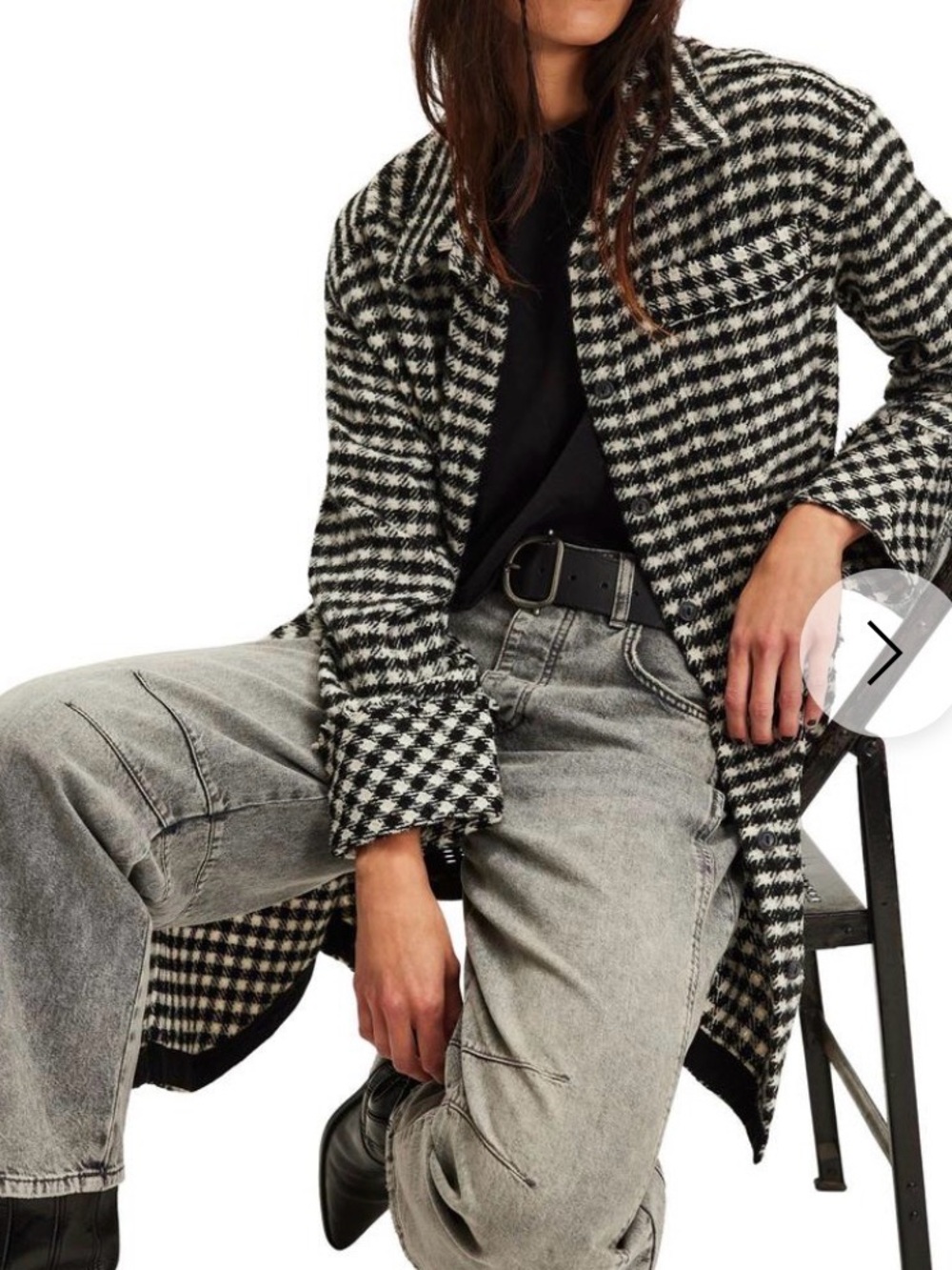 📌 The Free Yoga Houndstooth Check Polyester Fleece Shacket Jacket M Black White